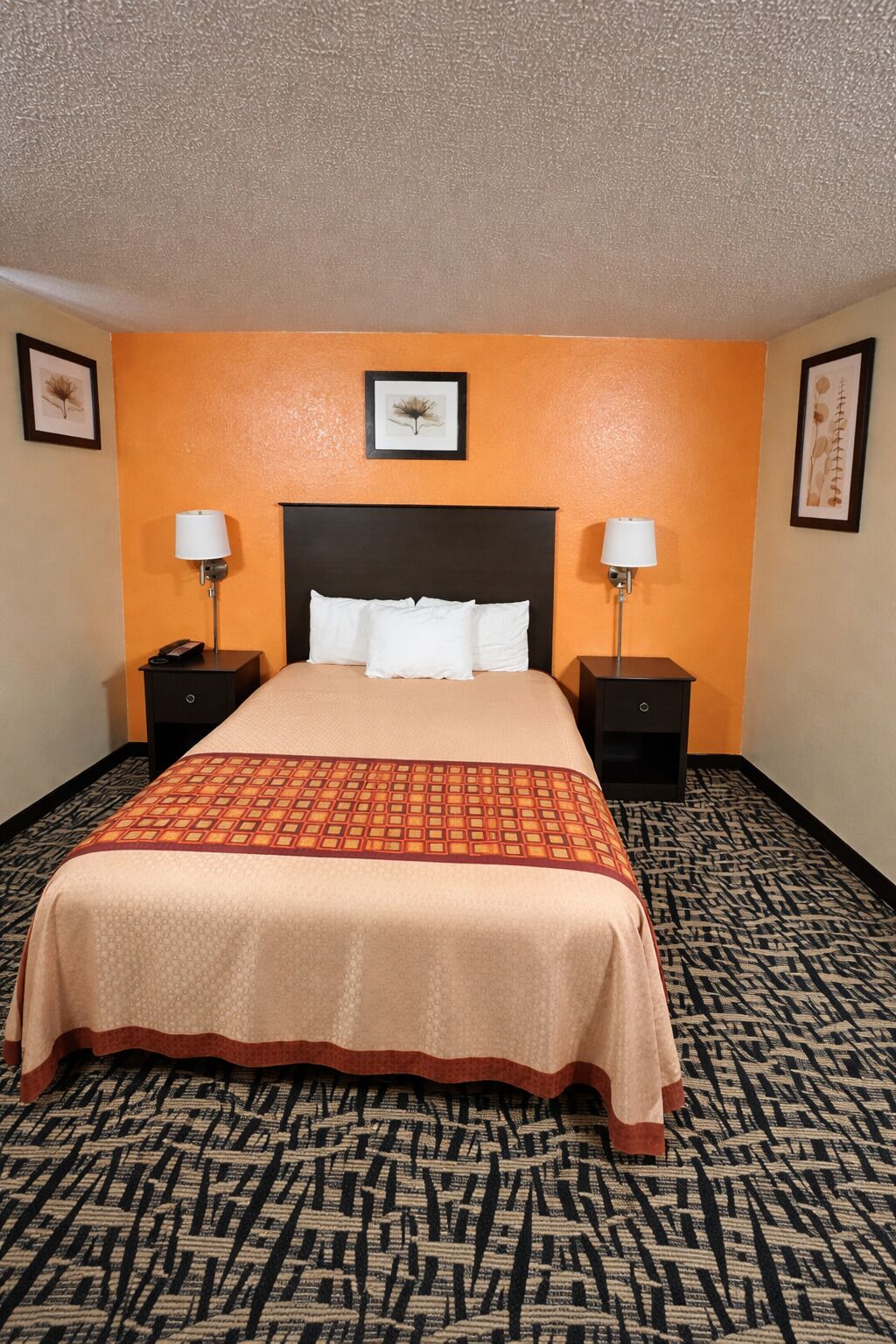 Una habitación de hotel con una cama, dos mesitas de noche, un cabecero y una alfombra estampada.