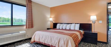 A hotel room with a large bed, two bedside tables, a window with a view of greenery, and a patterned carpet.