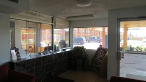 A reception area with a counter, chairs, a plant, and a view of parked cars outside. - Welcome Inn (Dallas)