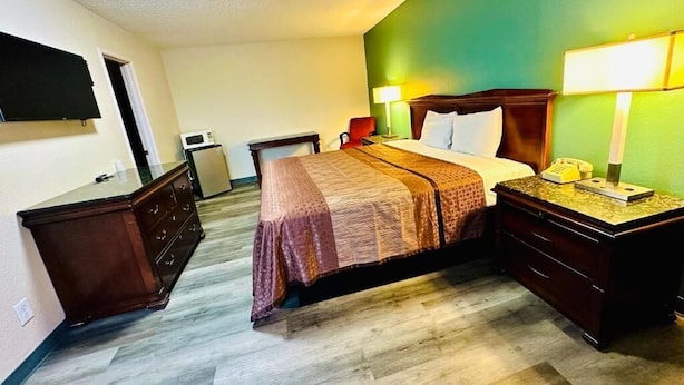 Habitación de hotel con cama, mesitas de noche, escritorio, silla, televisor, microondas y una pared decorativa verde.