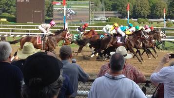 A horse race with jockeys on horses, spectators watching, and a scoreboard in the background.