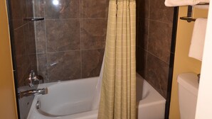 Une salle de bain avec une baignoire, une douche et des toilettes.
