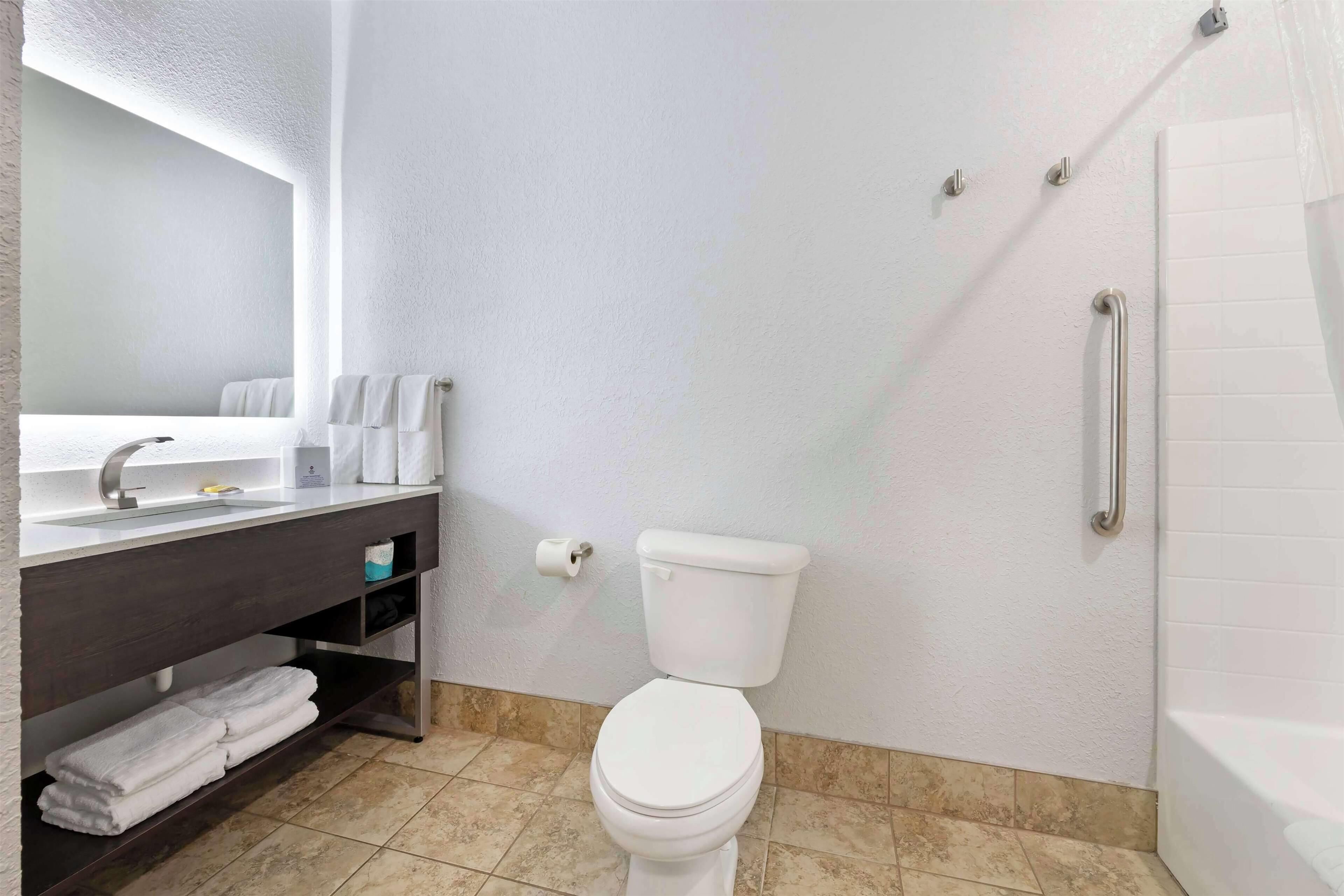Un baño con inodoro blanco, lavabo con espejo y zona de ducha.