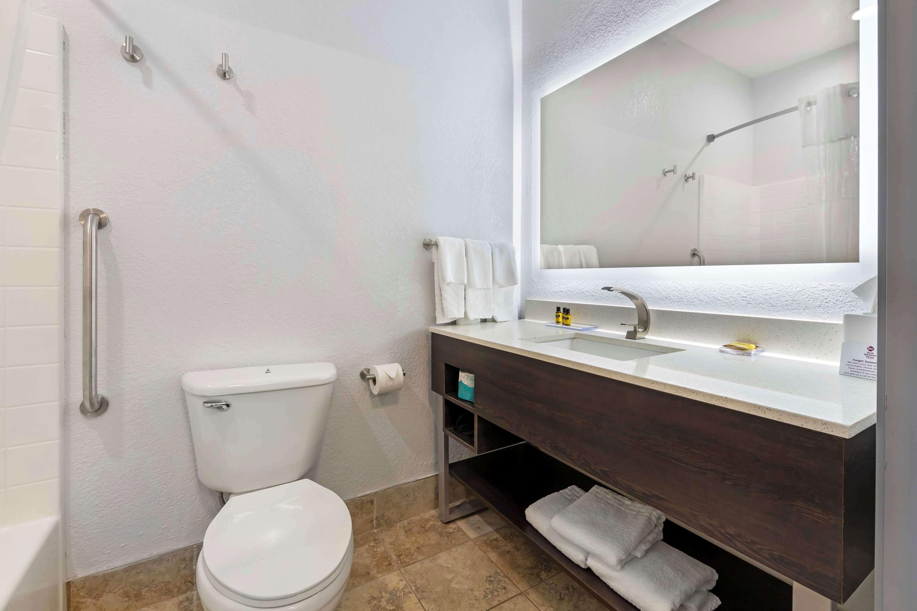 A bathroom with a toilet, sink, and mirror.