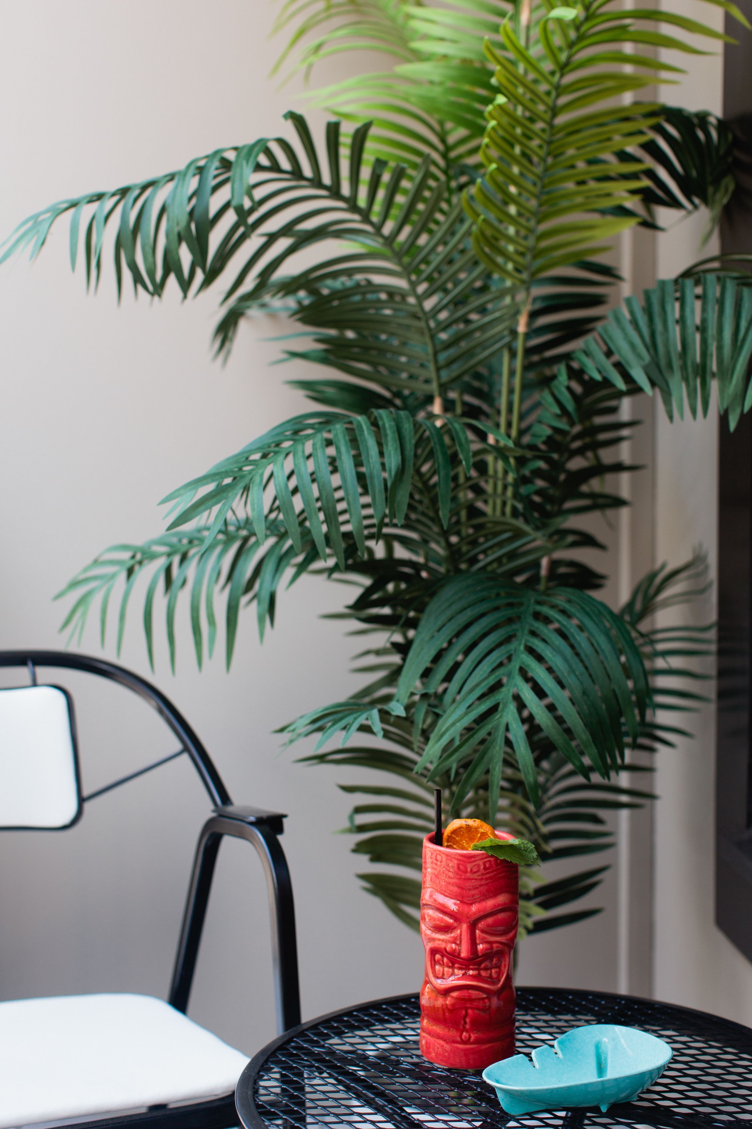 A table with a red drink and a blue bowl, a black chair, and a large green plant.
