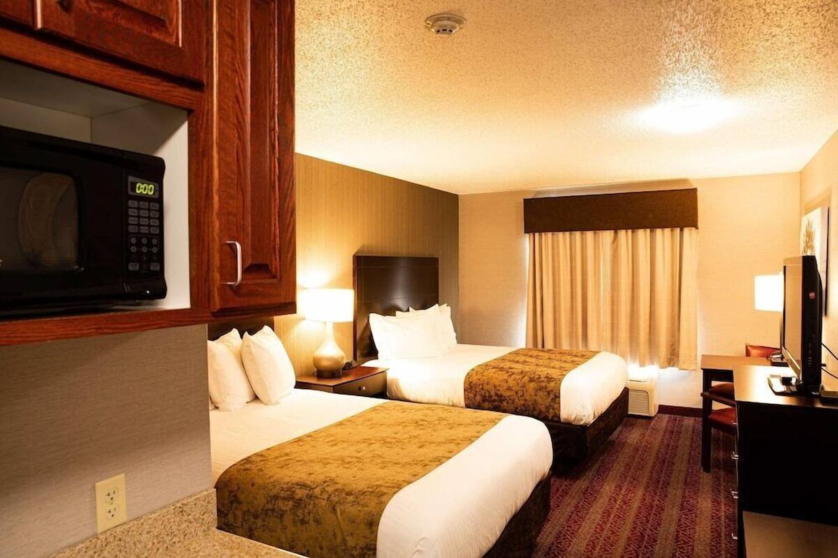 Quarto de hotel com duas camas, uma escrivaninha, televisão e micro-ondas.