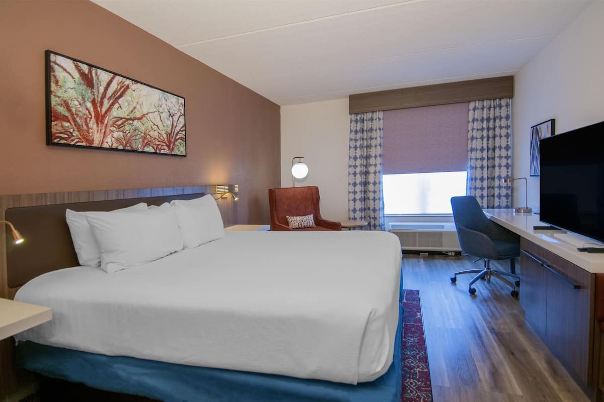 A hotel room with a large bed, a desk with a computer, a chair, a TV, and a painting on the wall.