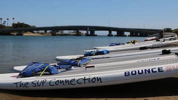 Varias tablas de SUP con la inscripción "The SUP Connection" y "BOUNCE SUP", amarradas en una playa con un puente al fondo.