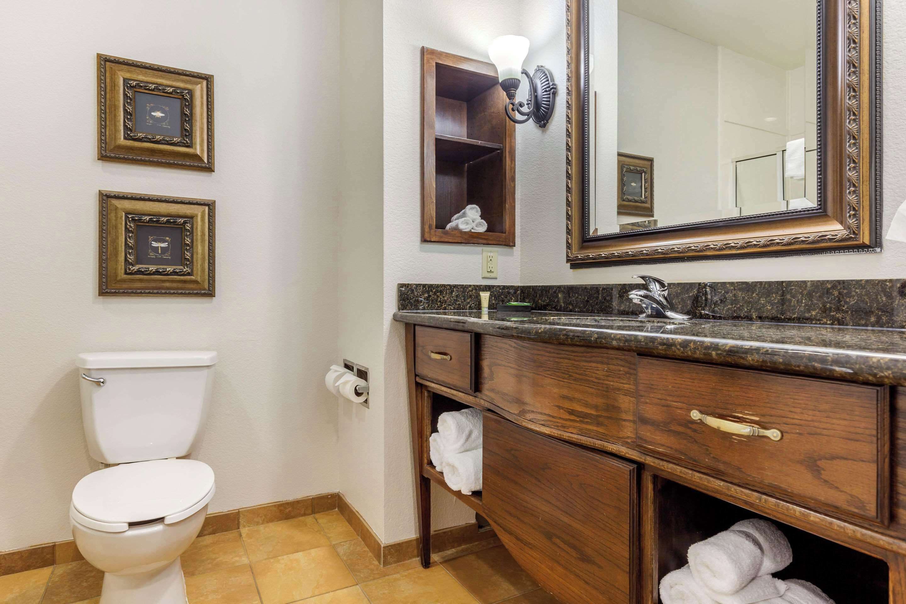 A bathroom with a toilet, vanity with a mirror, and framed pictures on the wall.