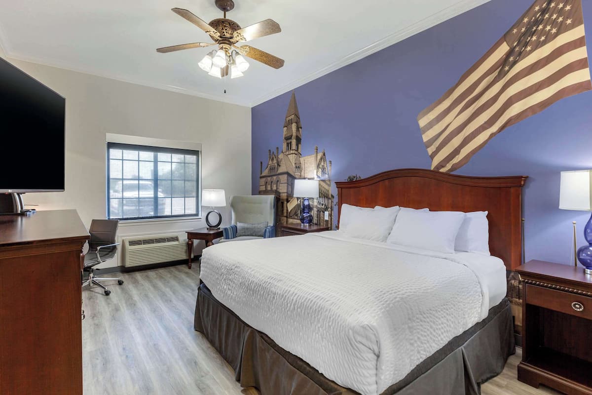 A hotel room with a large bed, a desk, a chair, a television, a ceiling fan, and a window.