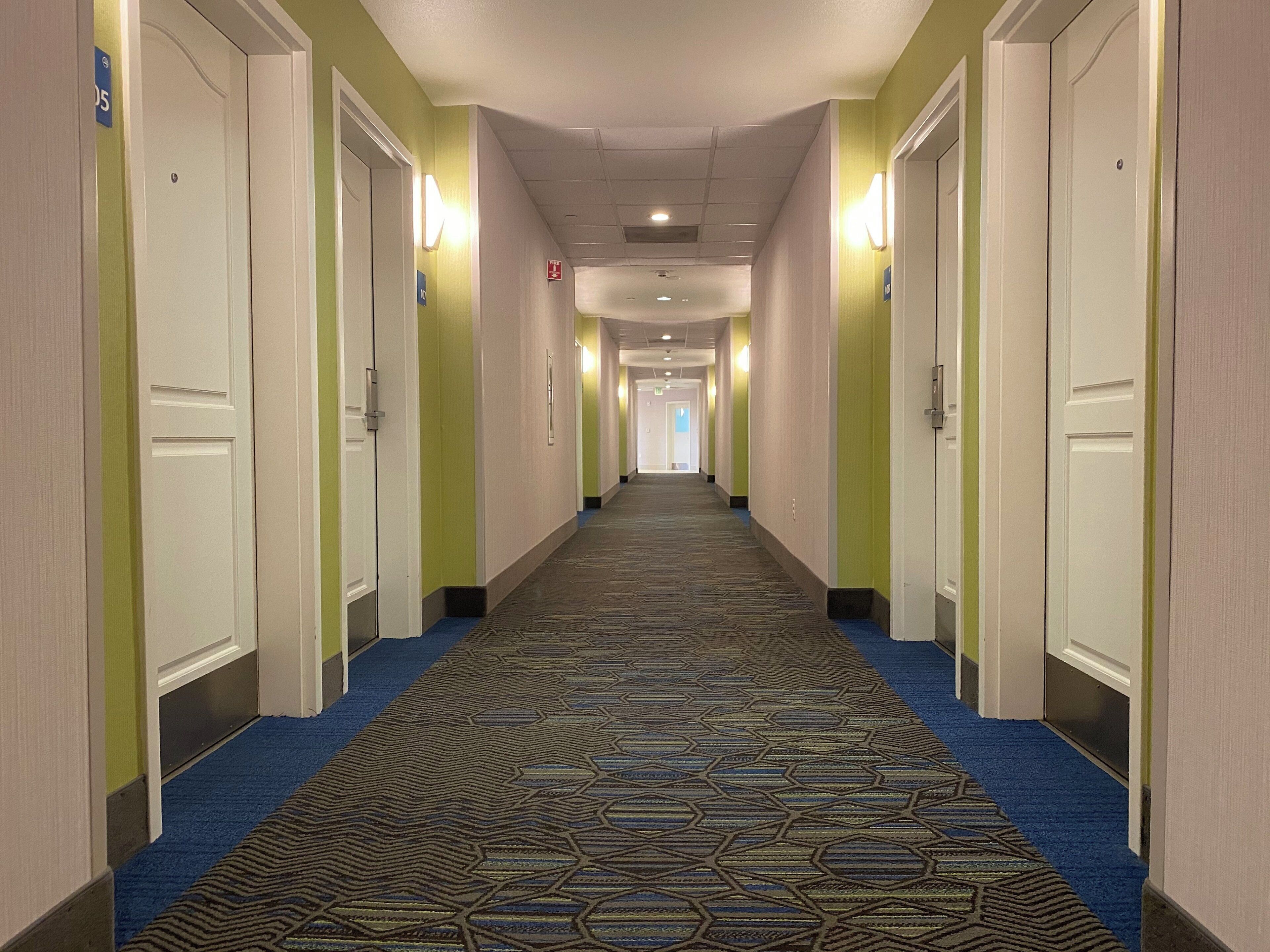 A hotel corridor with carpeted floors, doors on both sides, and overhead lighting.