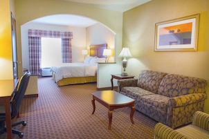 Una habitación de hotel con una cama, un sofá, un escritorio y una lámpara.
