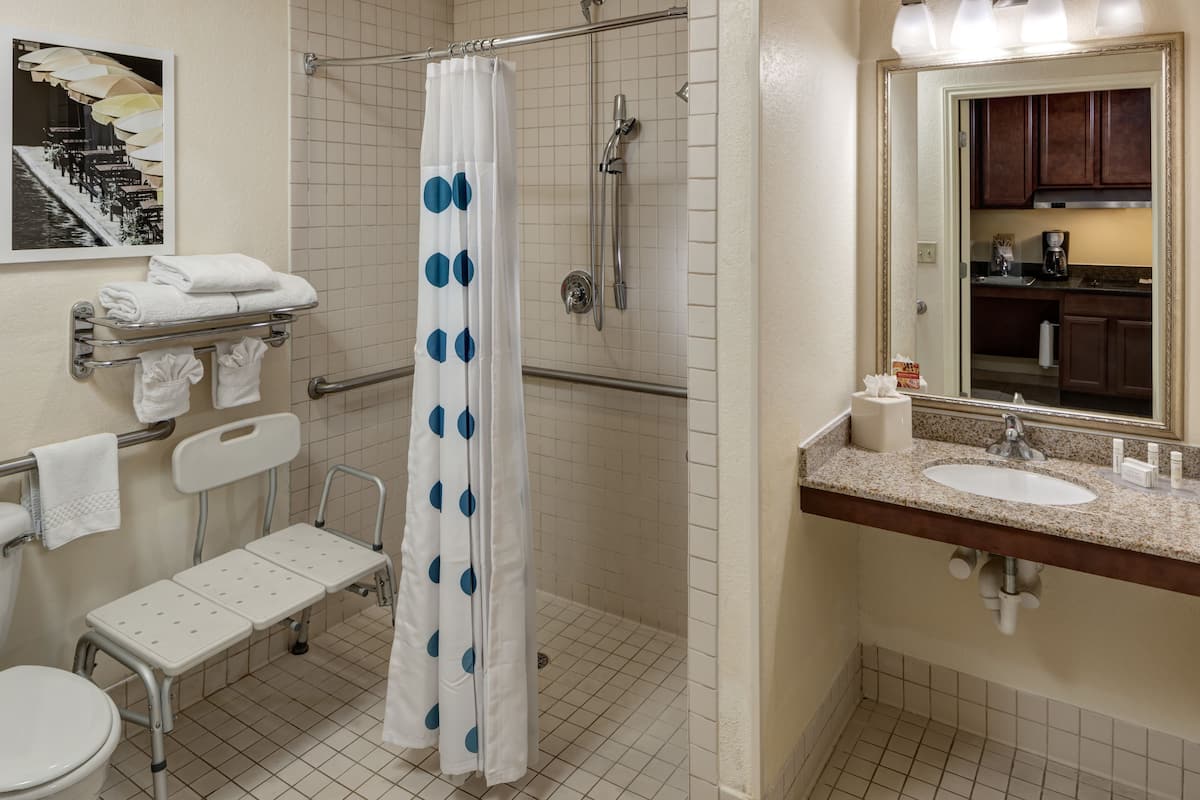 combined shower/bathtub, designer toiletries, hair dryer, towels