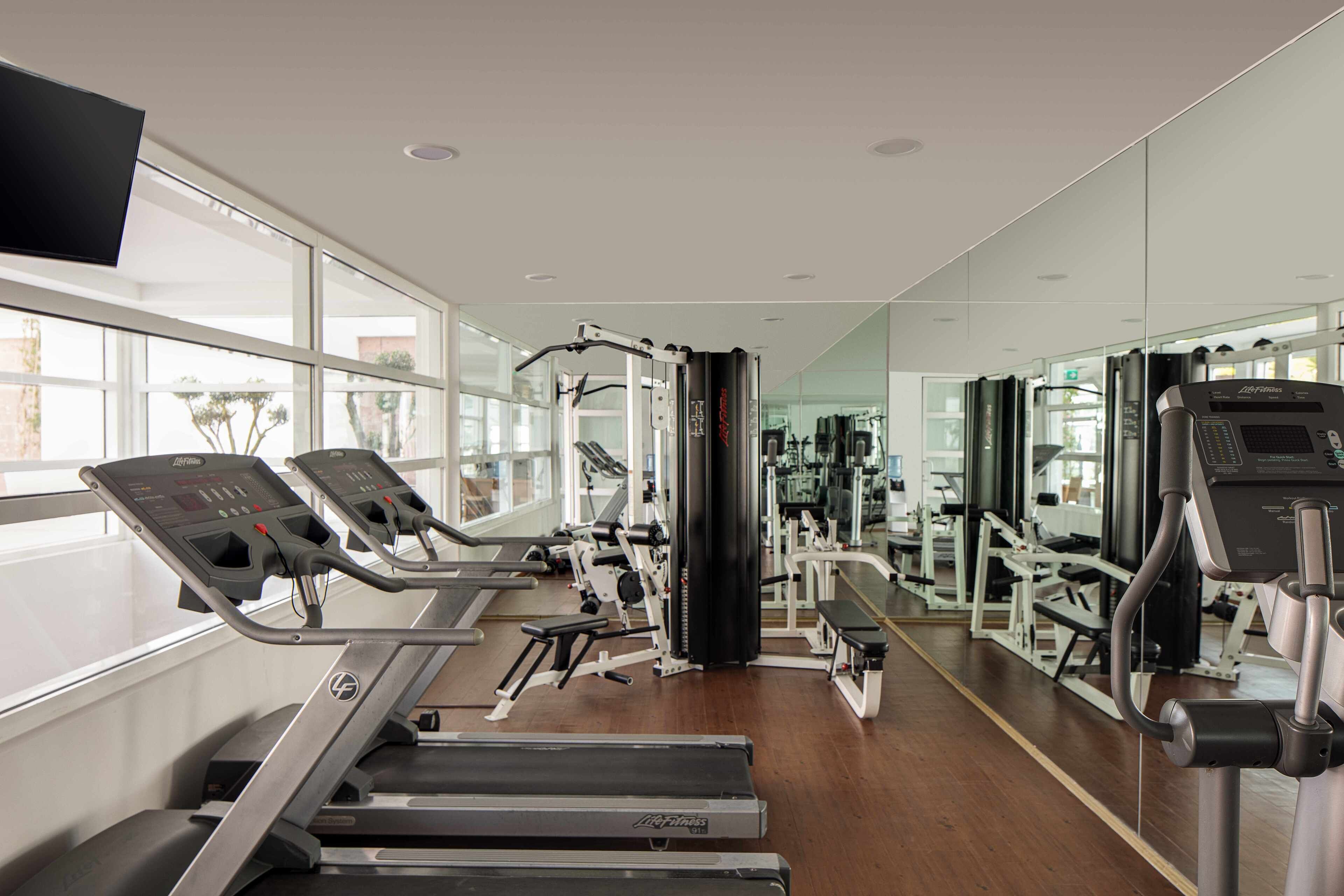 Un gimnasio con cintas de correr, máquinas de pesas y un espejo grande.