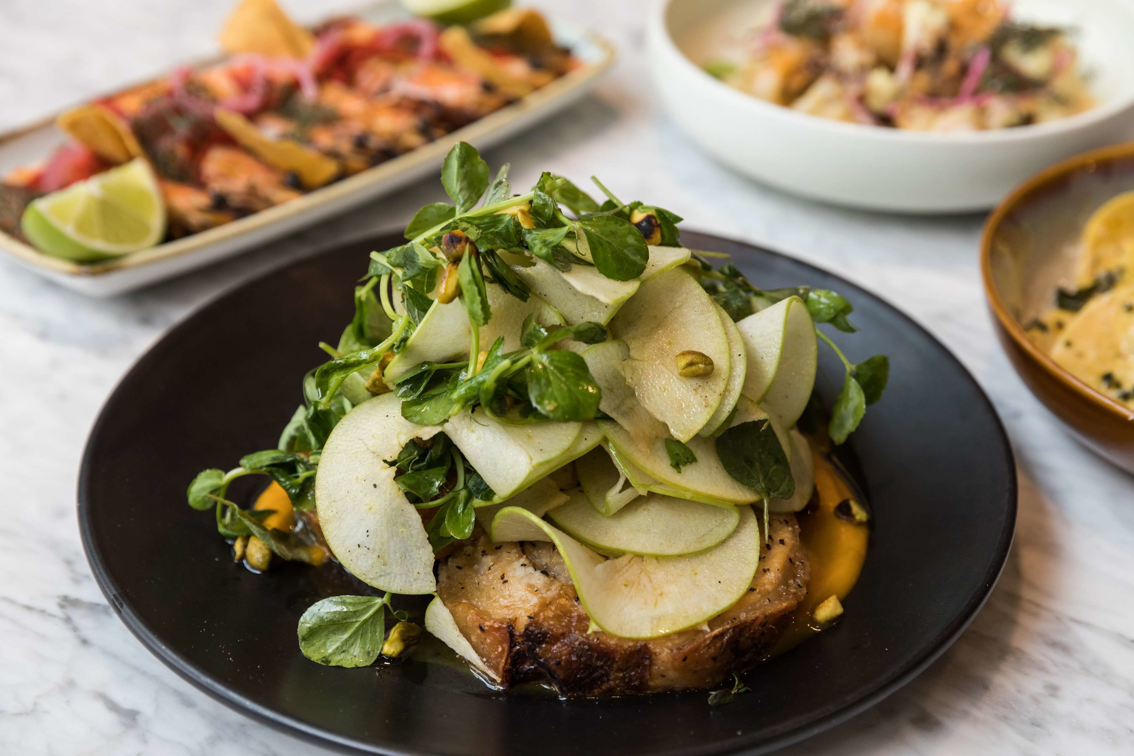 A plate of food with sliced apples and greens on top of a piece of meat.
