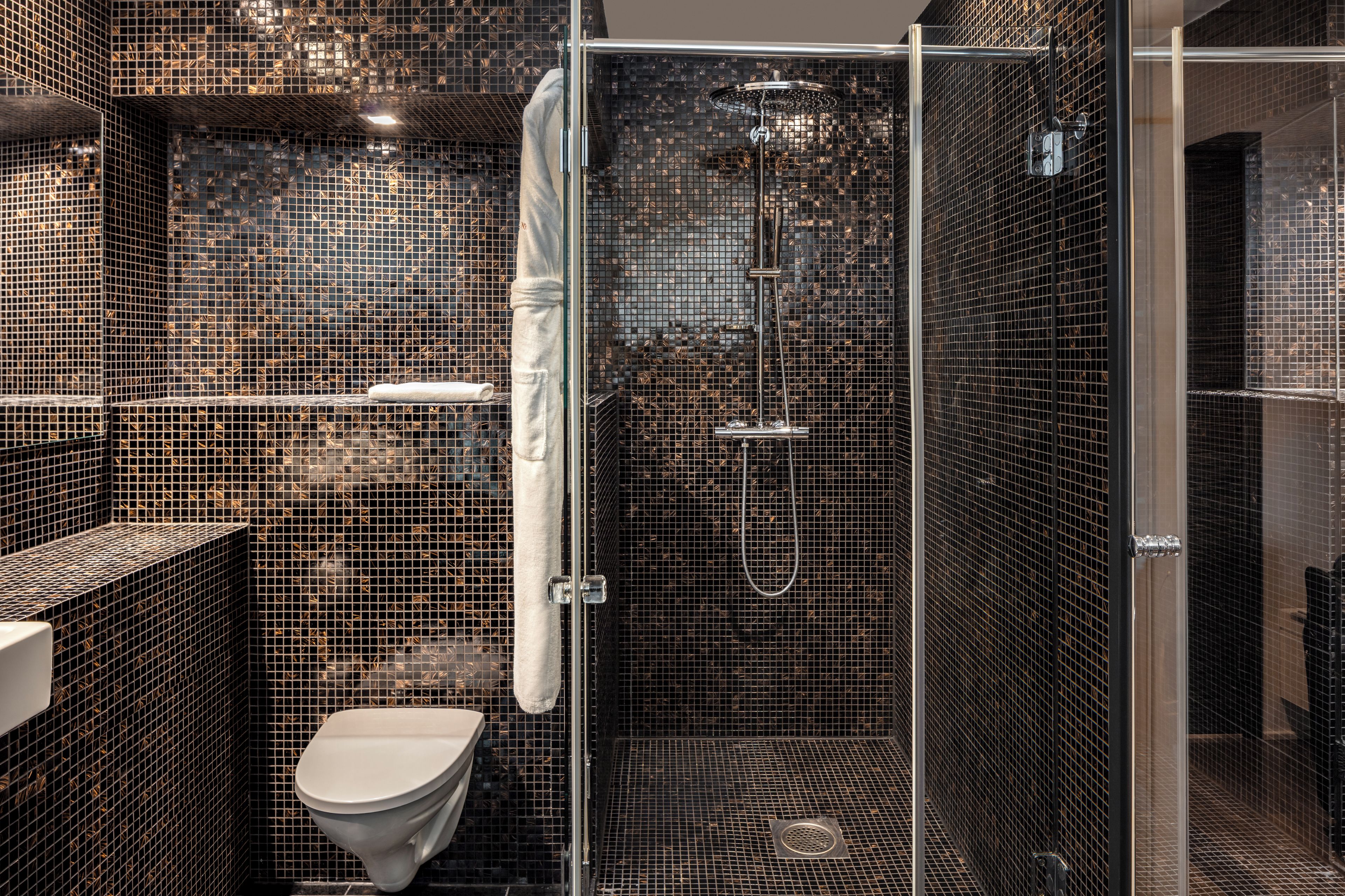 A modern bathroom with a glass-enclosed shower, a toilet, and a sink.