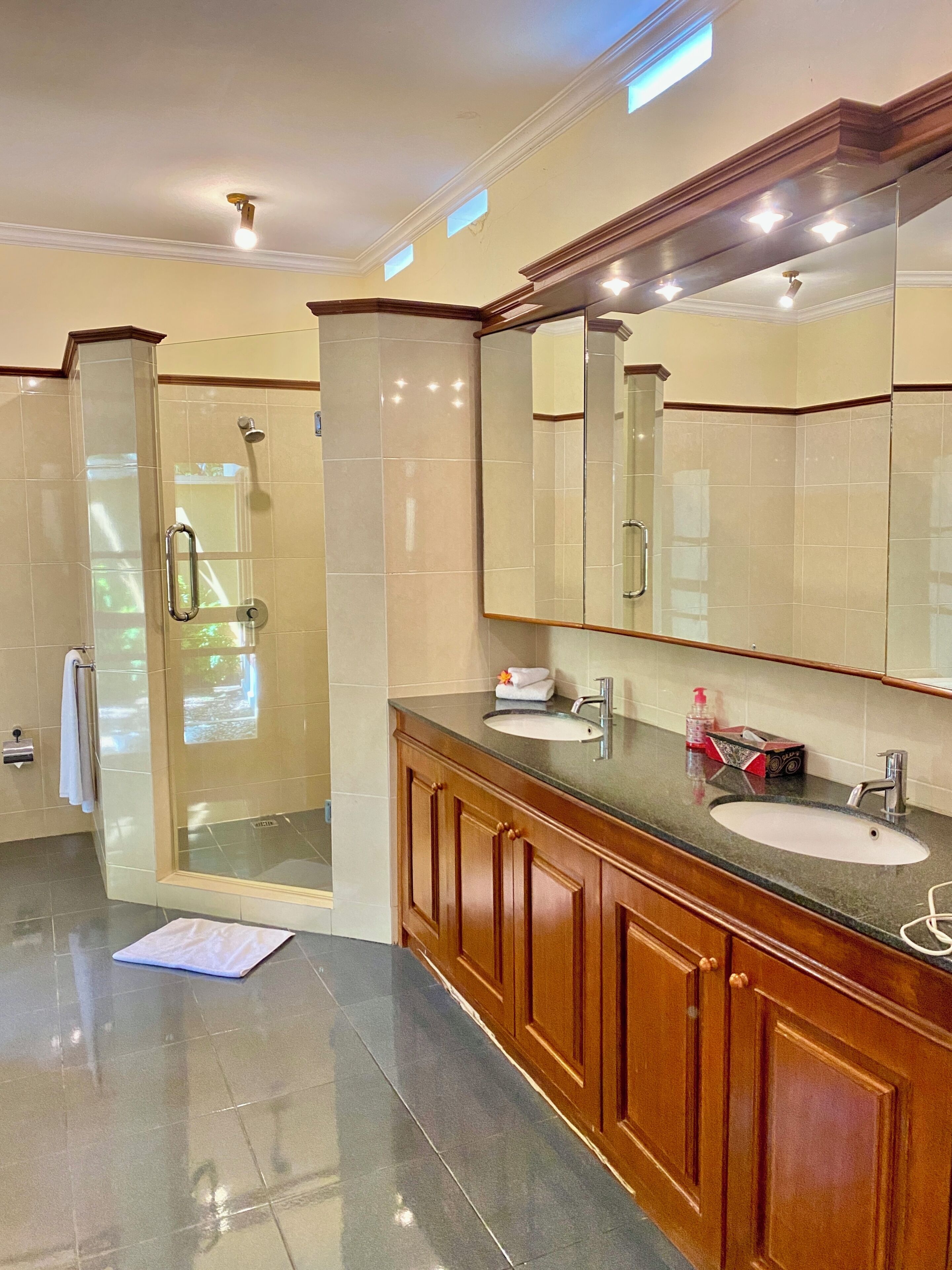 A modern bathroom with a glass-enclosed shower, a vanity with a sink, and a large mirror.