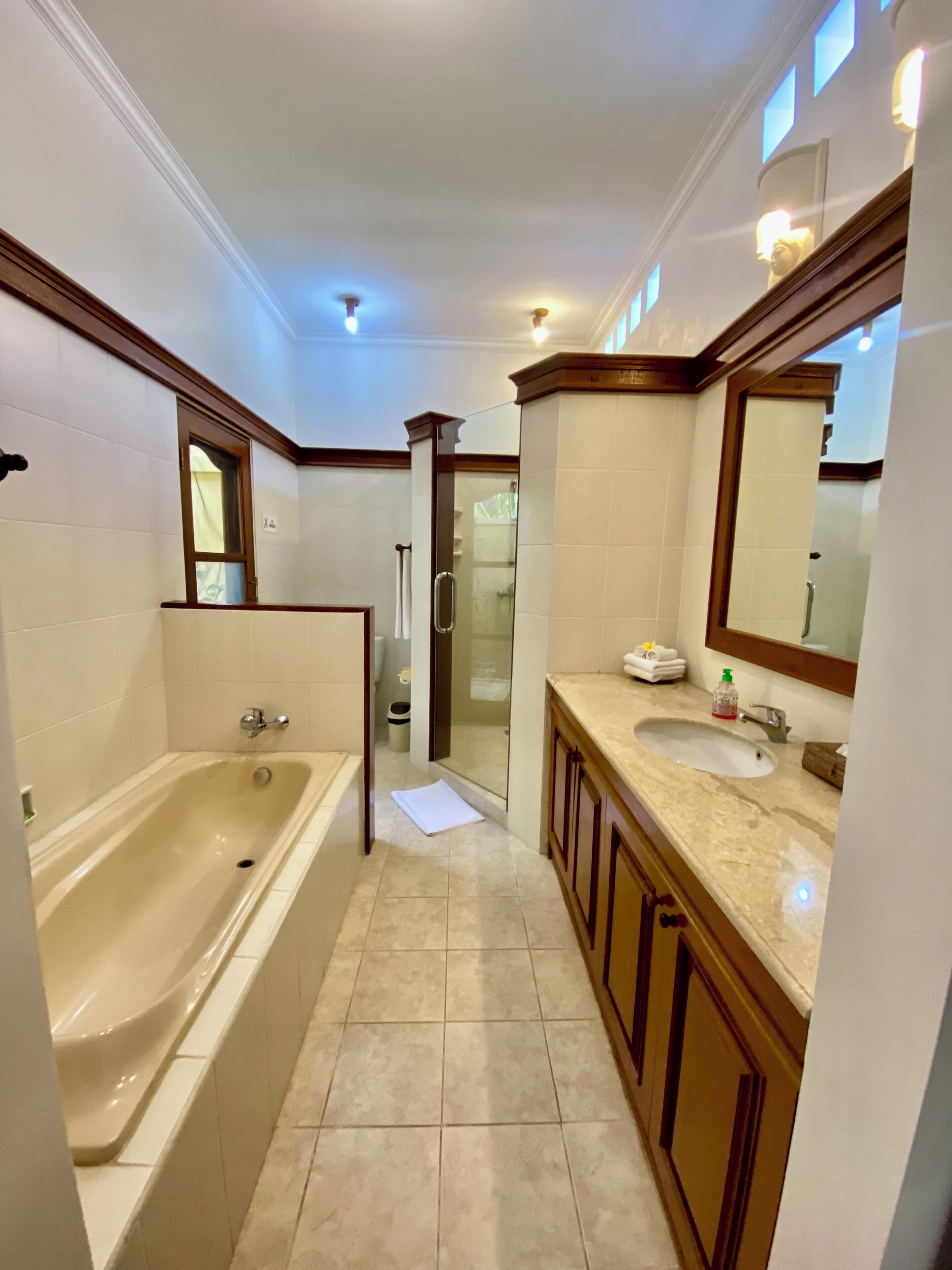 Ein Badezimmer mit Badewanne, Dusche, Waschbecken und Spiegel.