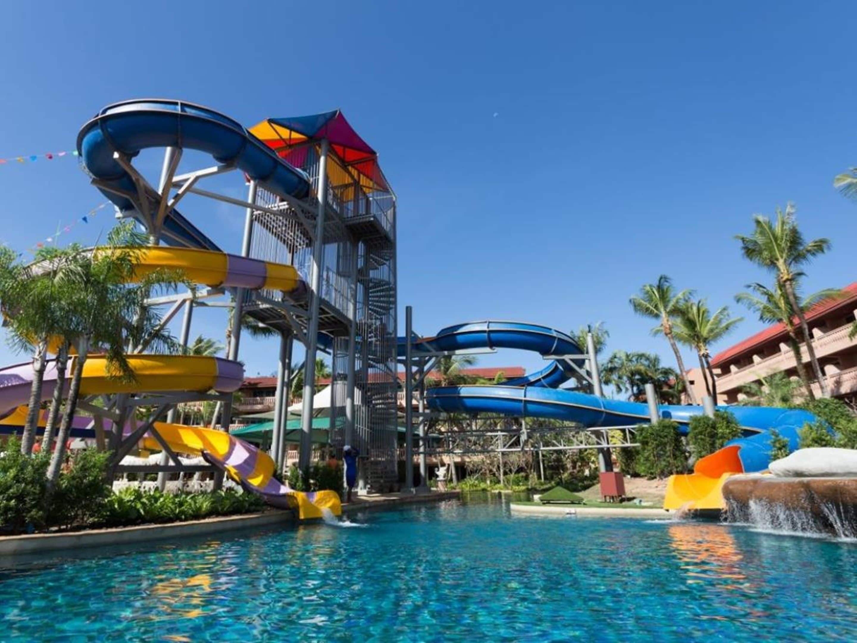 A water park with multiple slides and a pool.