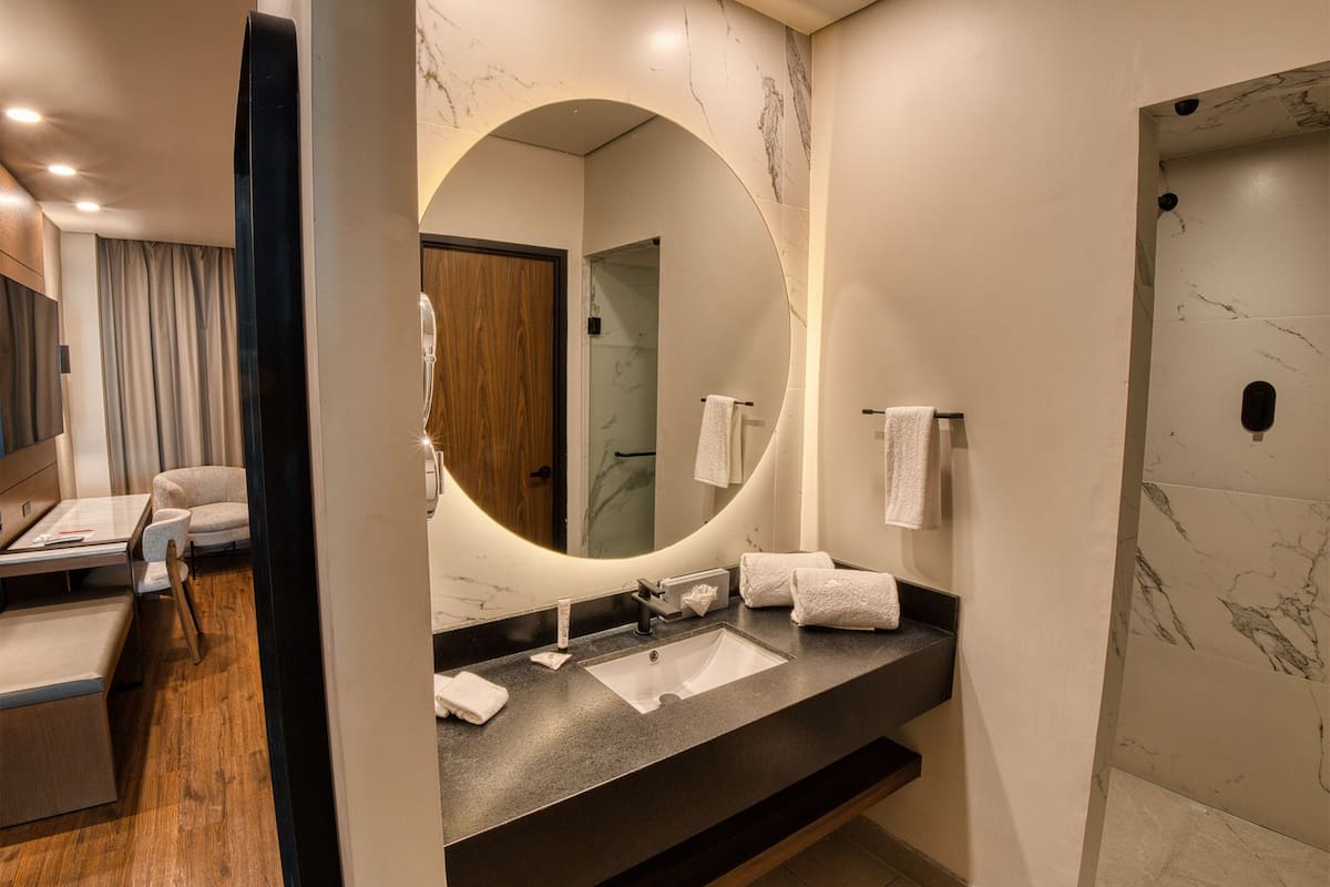 shower, free toiletries, hair dryer, towels