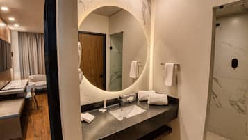 Shower, free toiletries, hair dryer, towels
