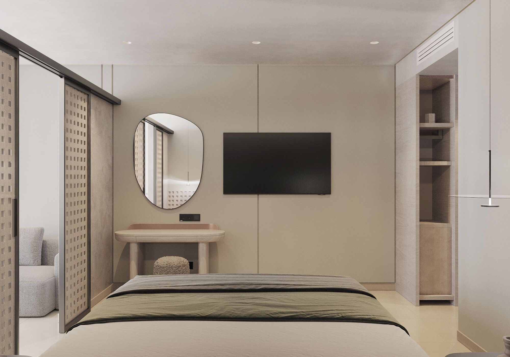 A modern bedroom with a bed, a bedside table, a mirror, a TV, and a wardrobe.