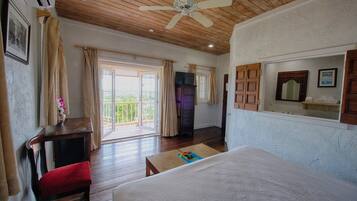 A room with a bed, a desk, a chair, a ceiling fan, and a view of the outdoors.