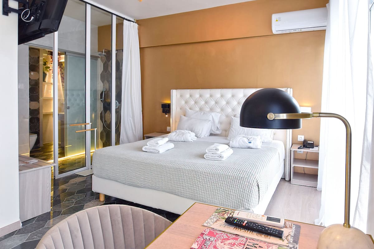A hotel room with a bed, a desk, a chair, a TV, and a shower area.
