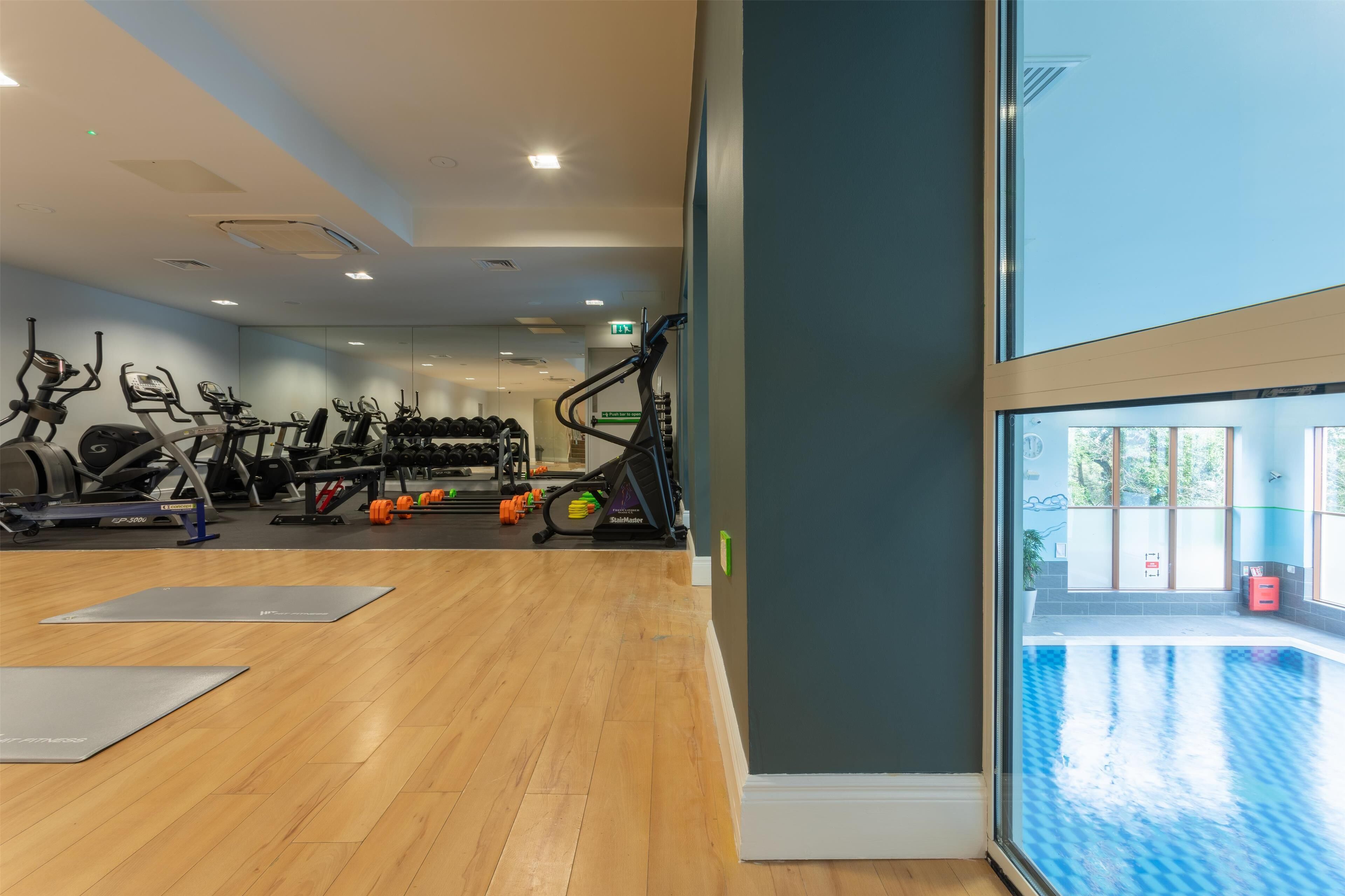 Un gimnasio con equipo de ejercicio, suelo de madera y un amplio ventanal con vistas a un espacio exterior.