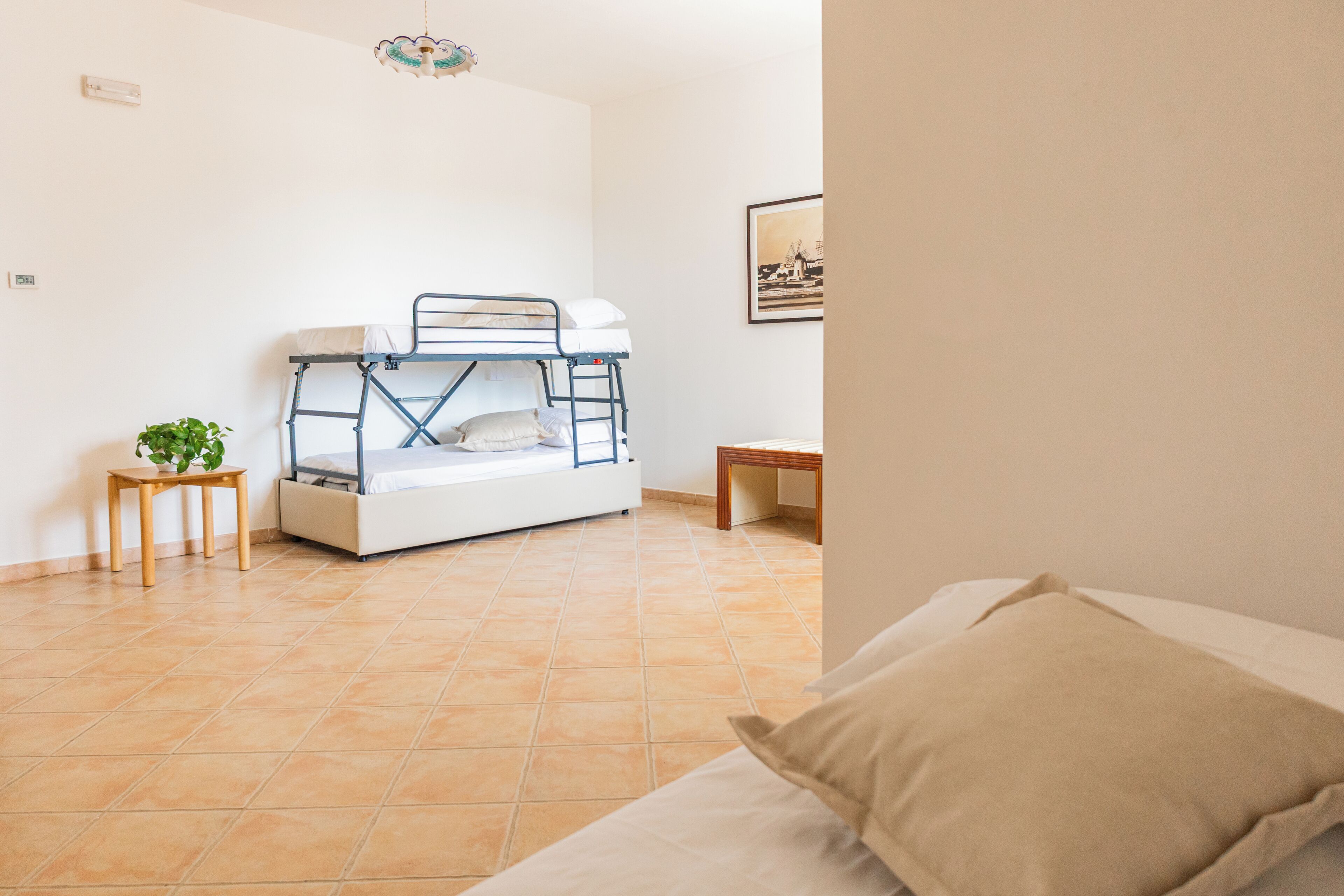 A room with a bunk bed, a small wooden table with a plant, a framed picture on the wall, and a couch with a cushion.