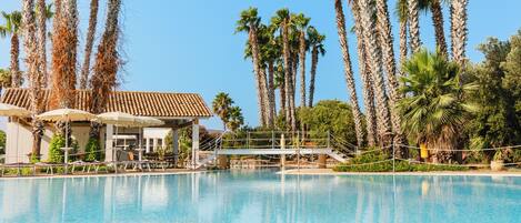 Piscina rodeada de altas palmeras, con una zona de estar cubierta y un edificio con tejado de azulejos.