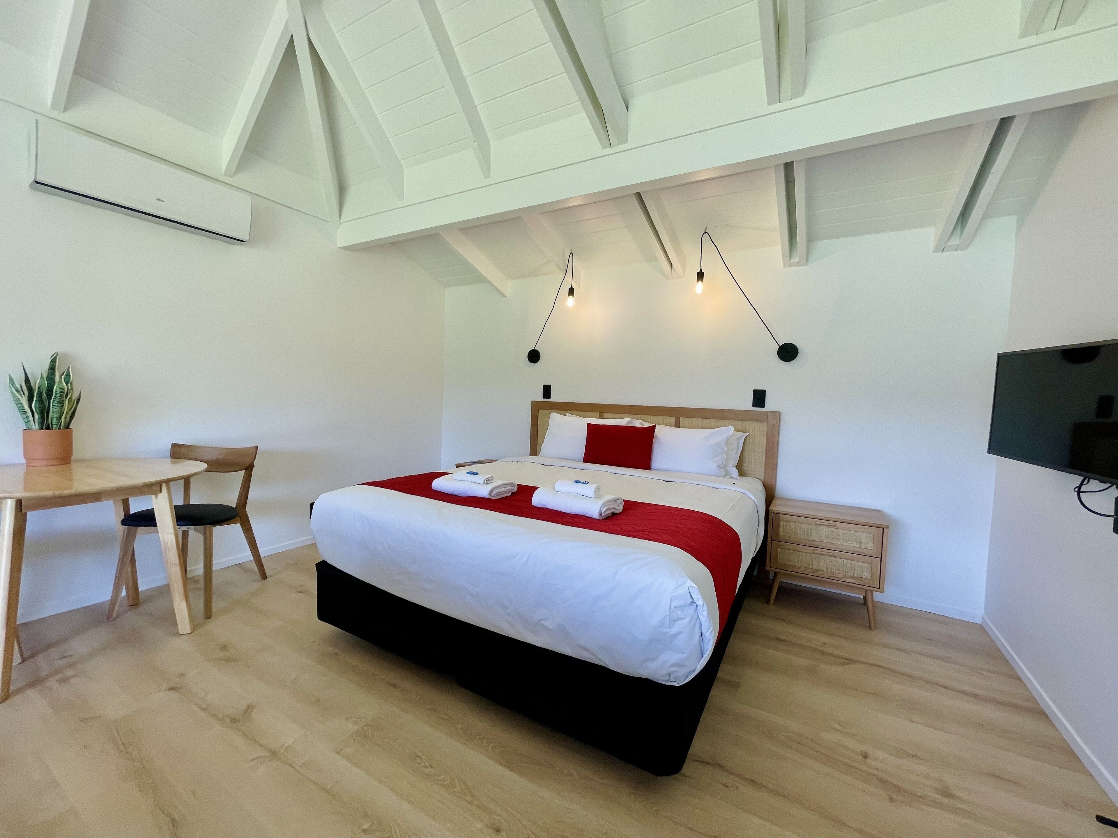 Une chambre à coucher moderne avec un lit en bois, un bureau, une chaise, une plante en pot et un téléviseur.