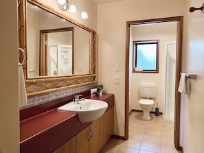 Ein Badezimmer mit Waschtisch, Spüle, Spiegel und Toilette.
