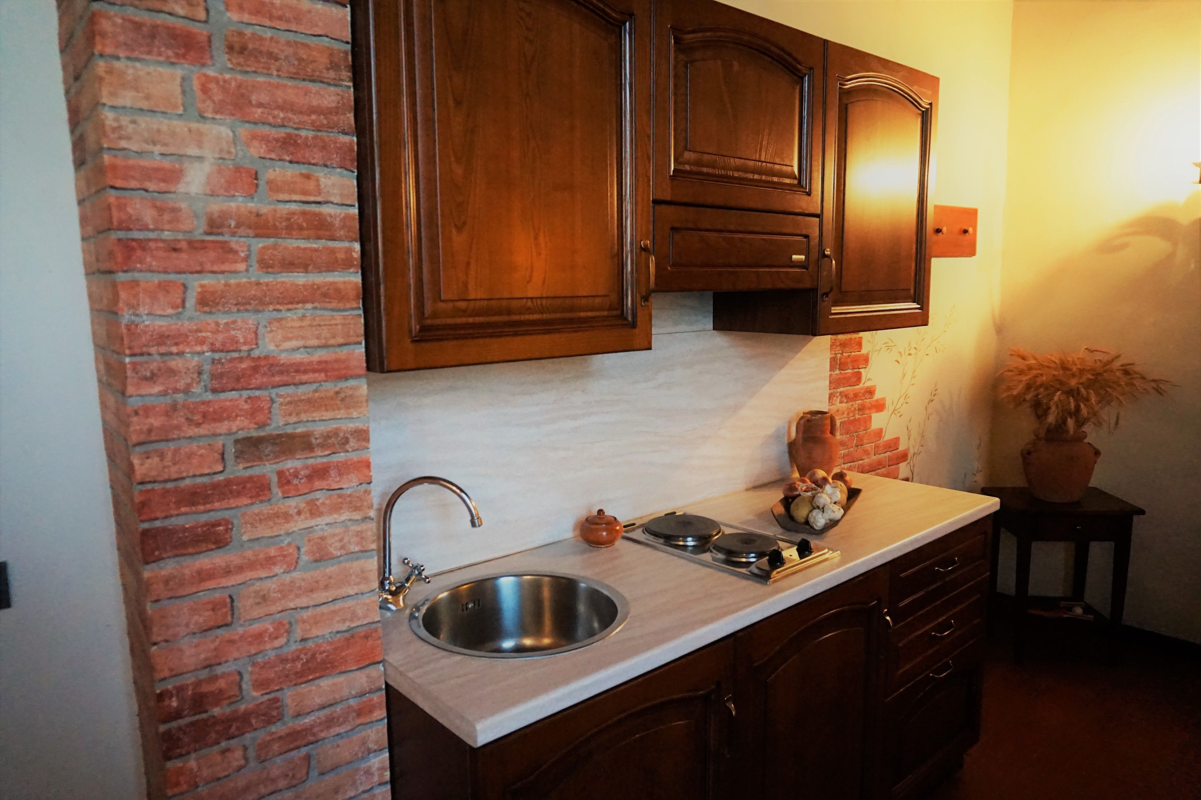 A kitchen with a brick wall, wooden cabinets, a stainless steel sink, and a small potted plant.