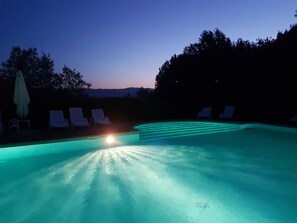 Outdoor pool, pool umbrellas, pool loungers