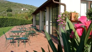 A patio with green metal chairs and tables, a white building with large windows, and a view of a hill with greenery and a house in the distance. - Agriturismo Antico Borgo Poggitazzi (Terranuova Bracciolini)