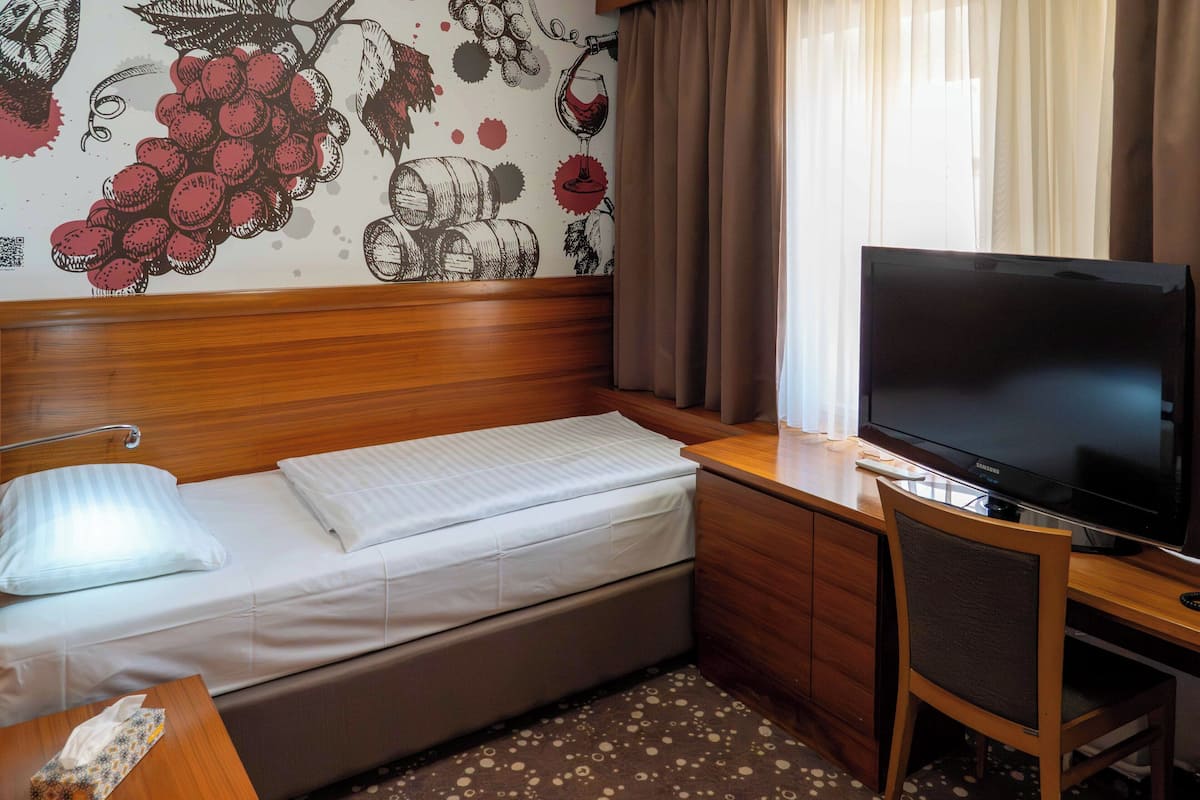 Ein kleines Hotelzimmer mit einem Bett, einem Schreibtisch mit Fernseher und einer Wand mit Illustrationen von Trauben und Wein.
