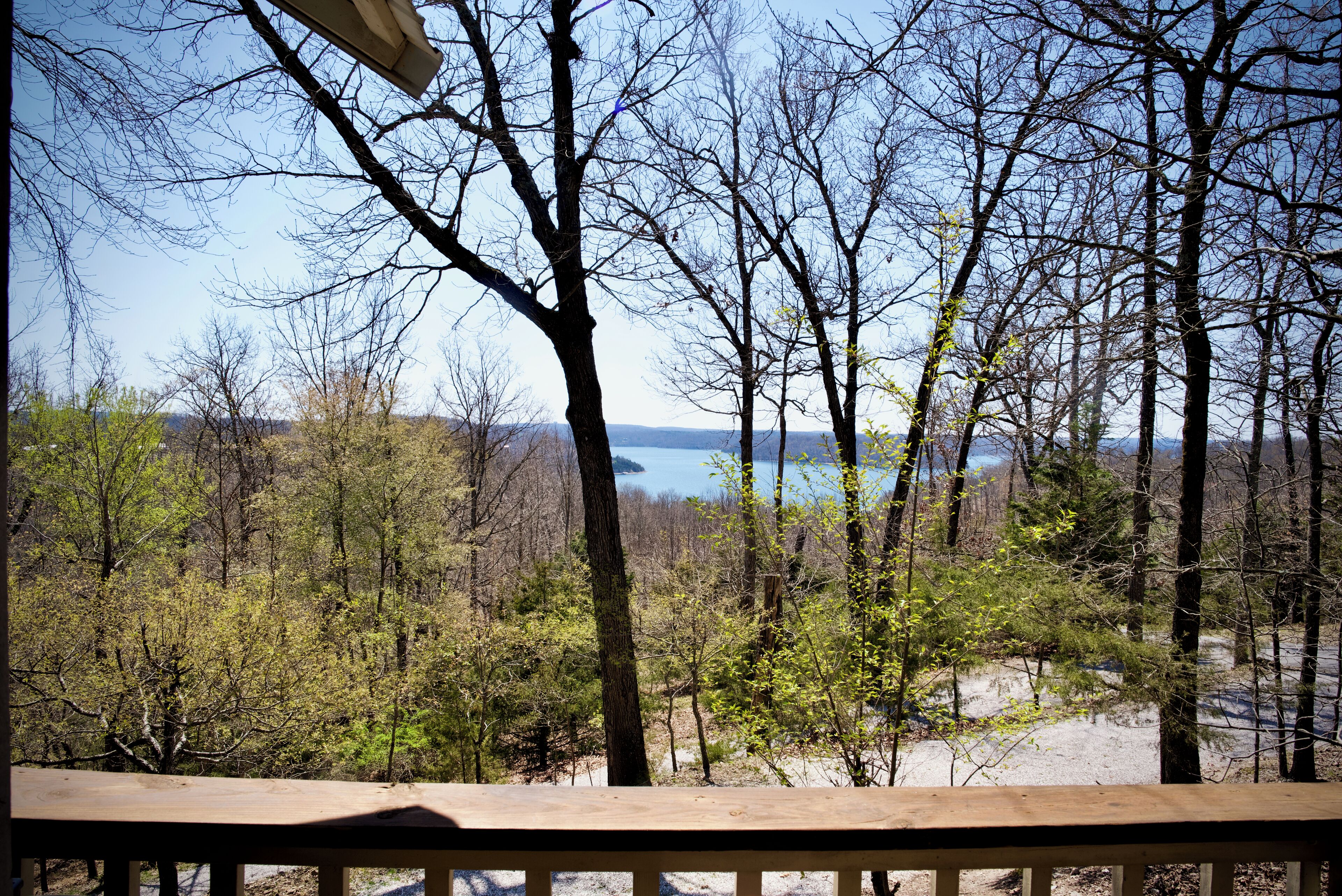 A wooden deck overlooking a forested area with a lake in the distance.