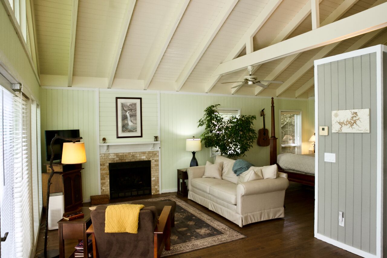 65-inch flat-screen TV with satellite channels, TV, DVD player