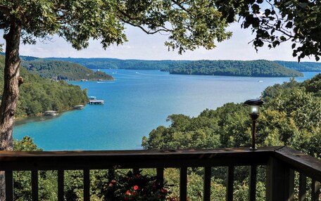 A scenic view of a lake surrounded by dense forest, with boats docked near the shore.