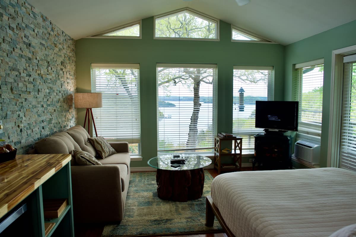 Luxury Studio Suite, 1 Queen Bed, Lake View, Lakeside | Living area | 65-inch flat-screen TV with satellite channels, TV, DVD player