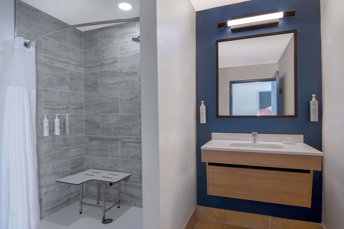 A modern bathroom with a shower, a sink, and a mirror.