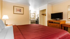 Une chambre d’hôtel avec un grand lit, une télévision, une commode, une lampe et un tableau encadré au mur.
