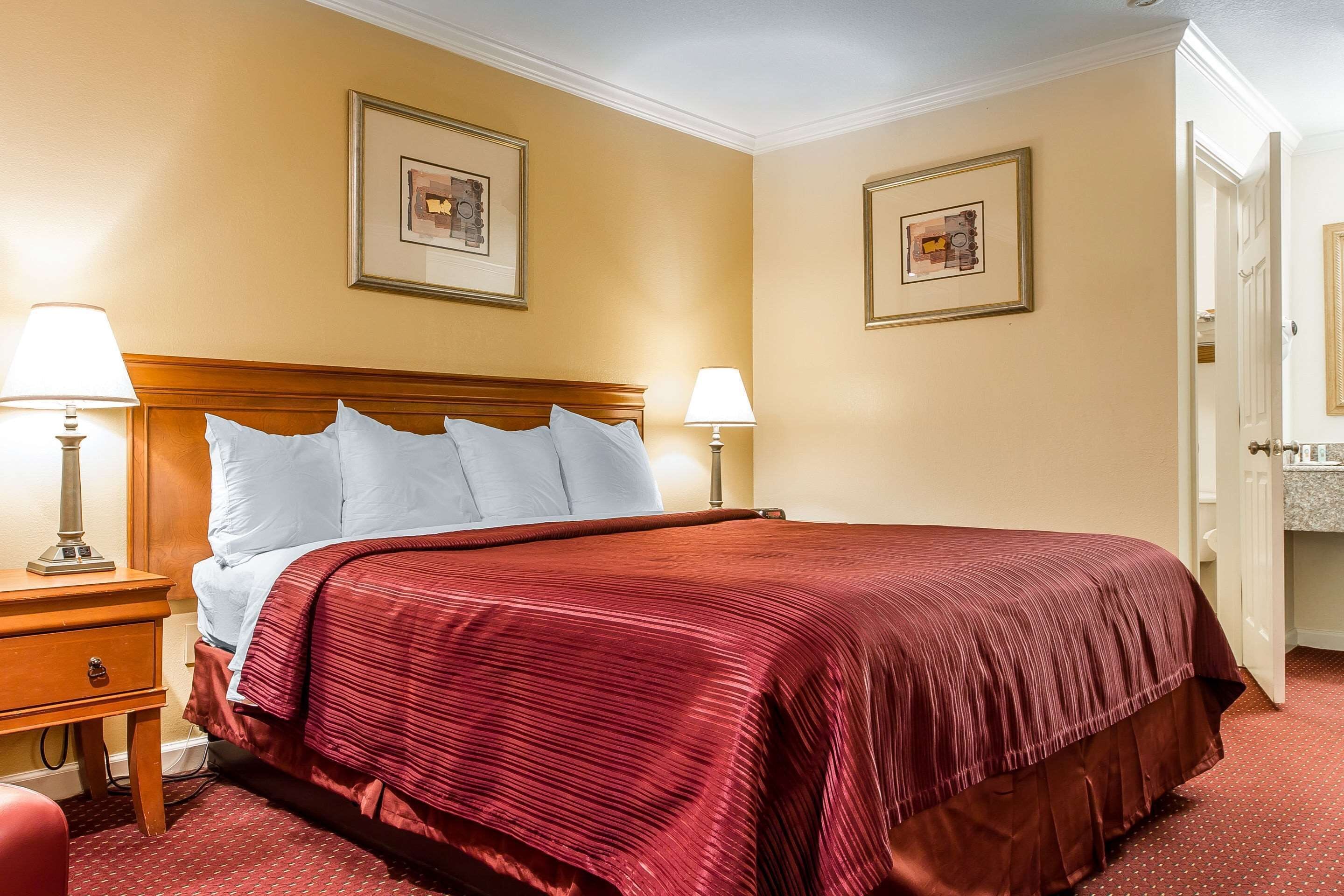 Quarto de hotel com uma cama grande, duas luminárias de cabeceira e duas quadros nas paredes.