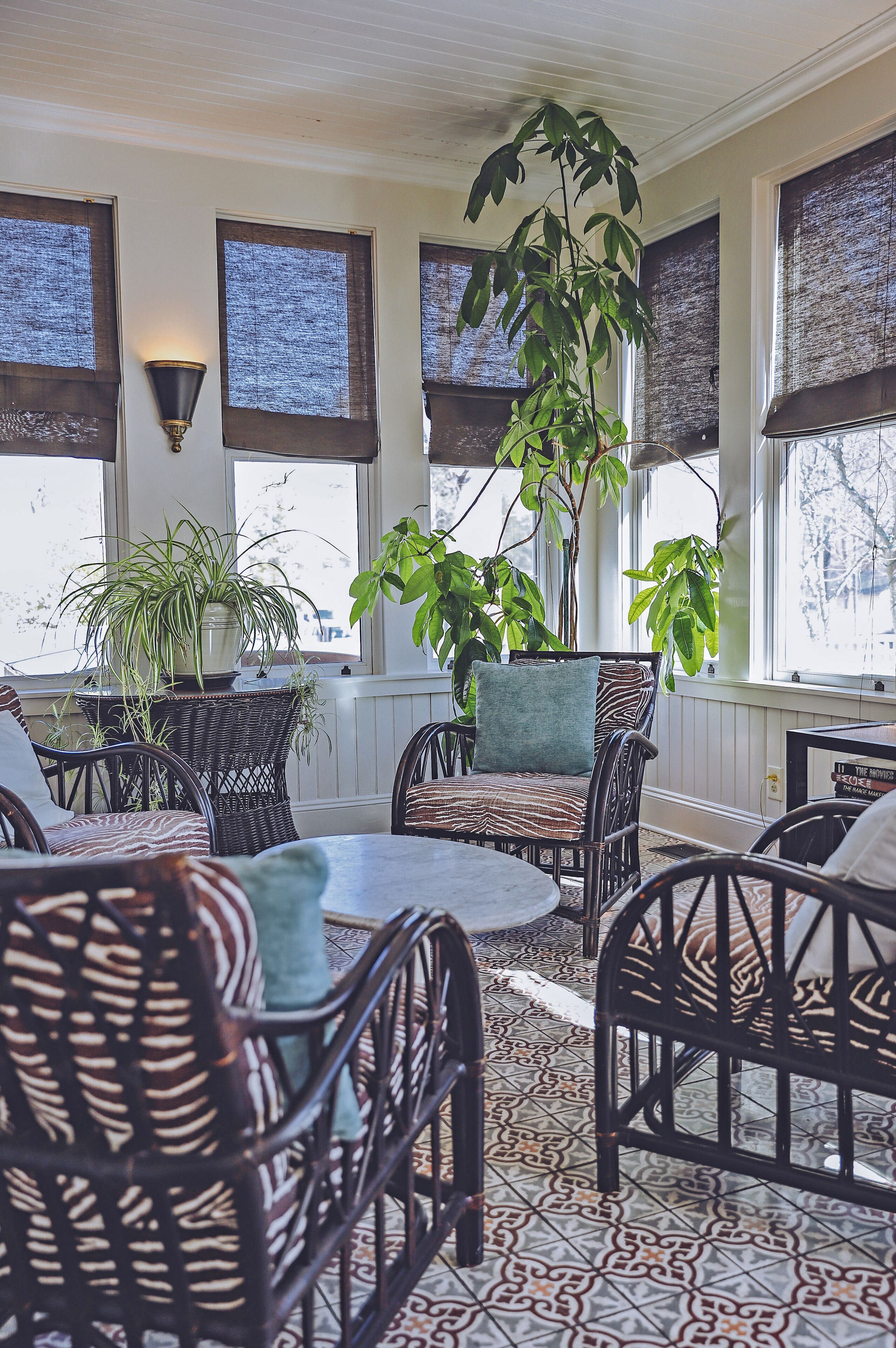 A cozy indoor seating area with wicker furniture, a large potted plant, and patterned floor tiles.