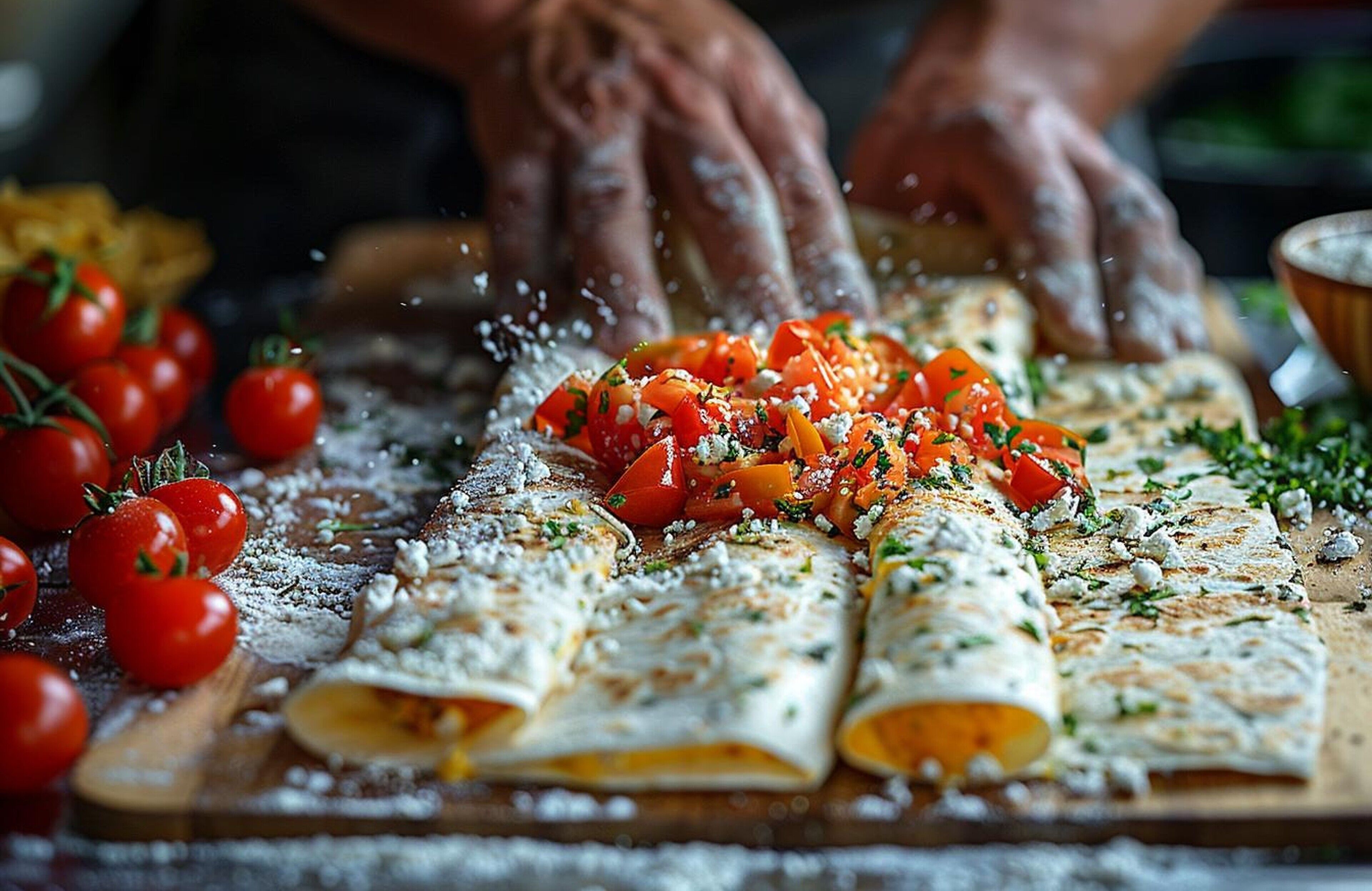 Eine Person bereitet ein Gericht mit geflochtenem Fladenbrot, Tomaten und Käse auf einem Holzbrett zu.