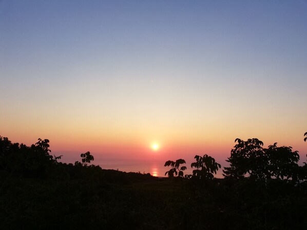 Un coucher de soleil sur un paysage où l’on aperçoit des silhouettes d’arbres et une étendue d’eau.