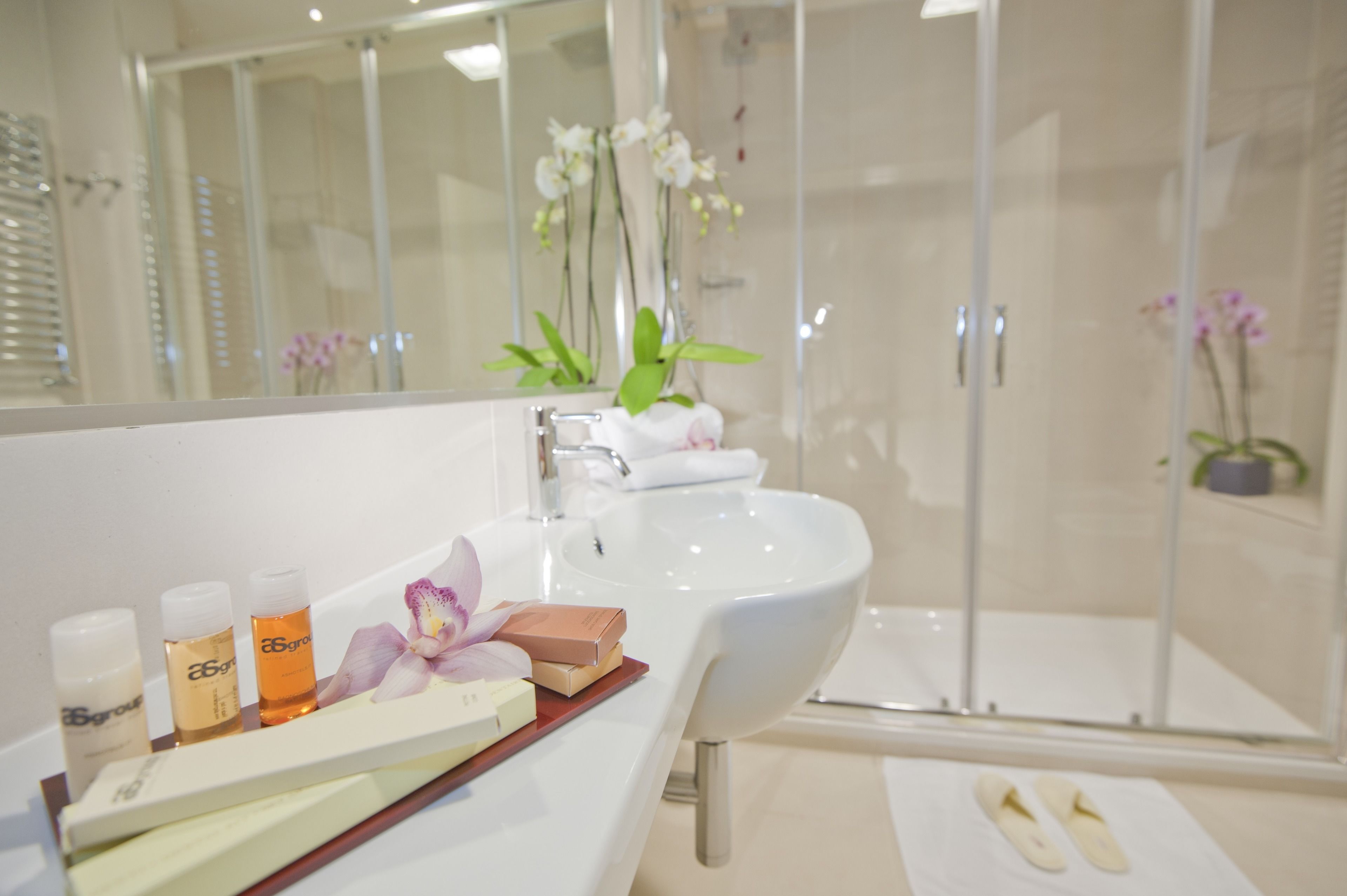 shower, designer toiletries, hair dryer, slippers