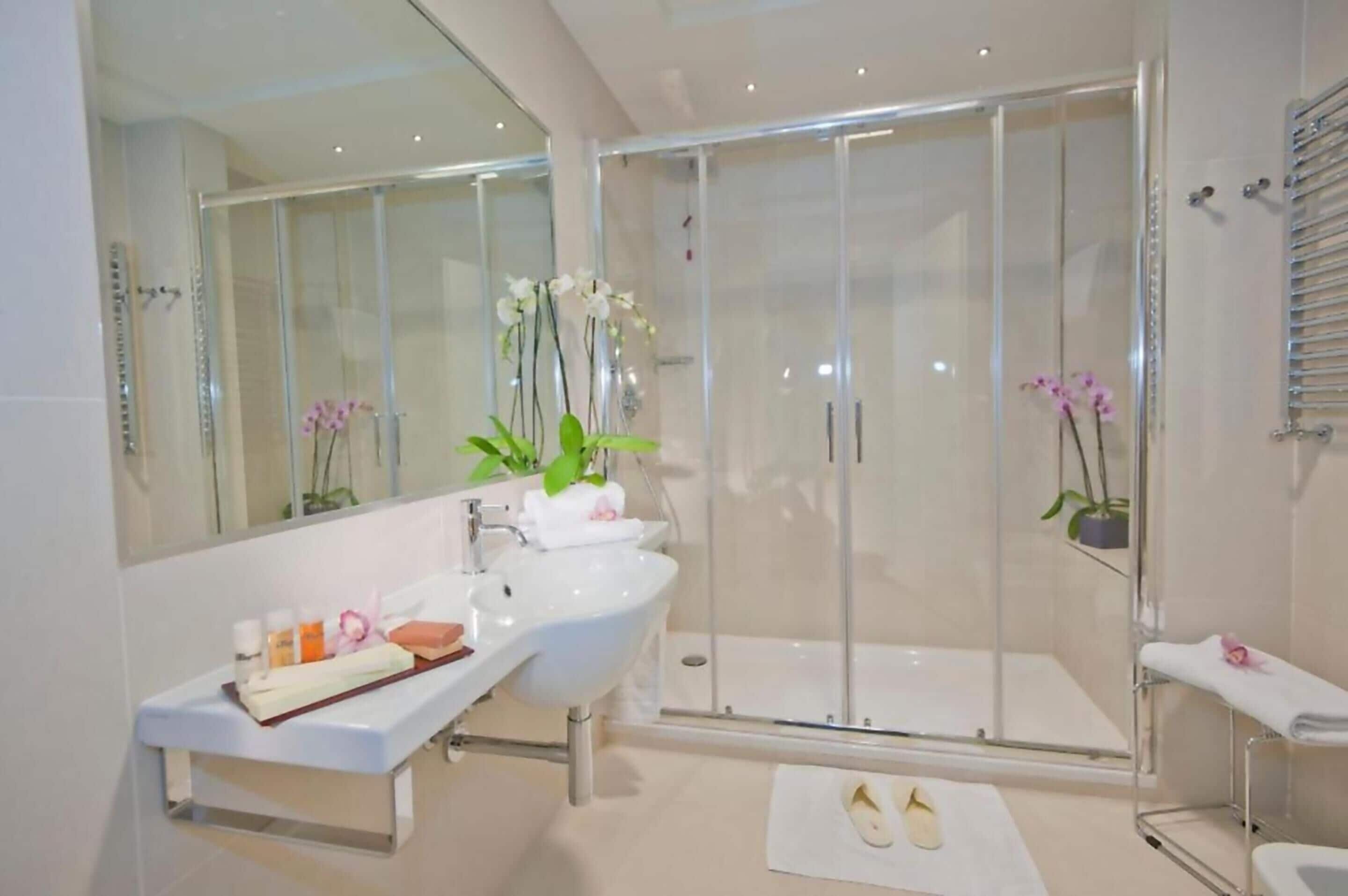 shower, designer toiletries, hair dryer, slippers