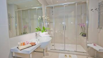 Shower, designer toiletries, hair dryer, slippers